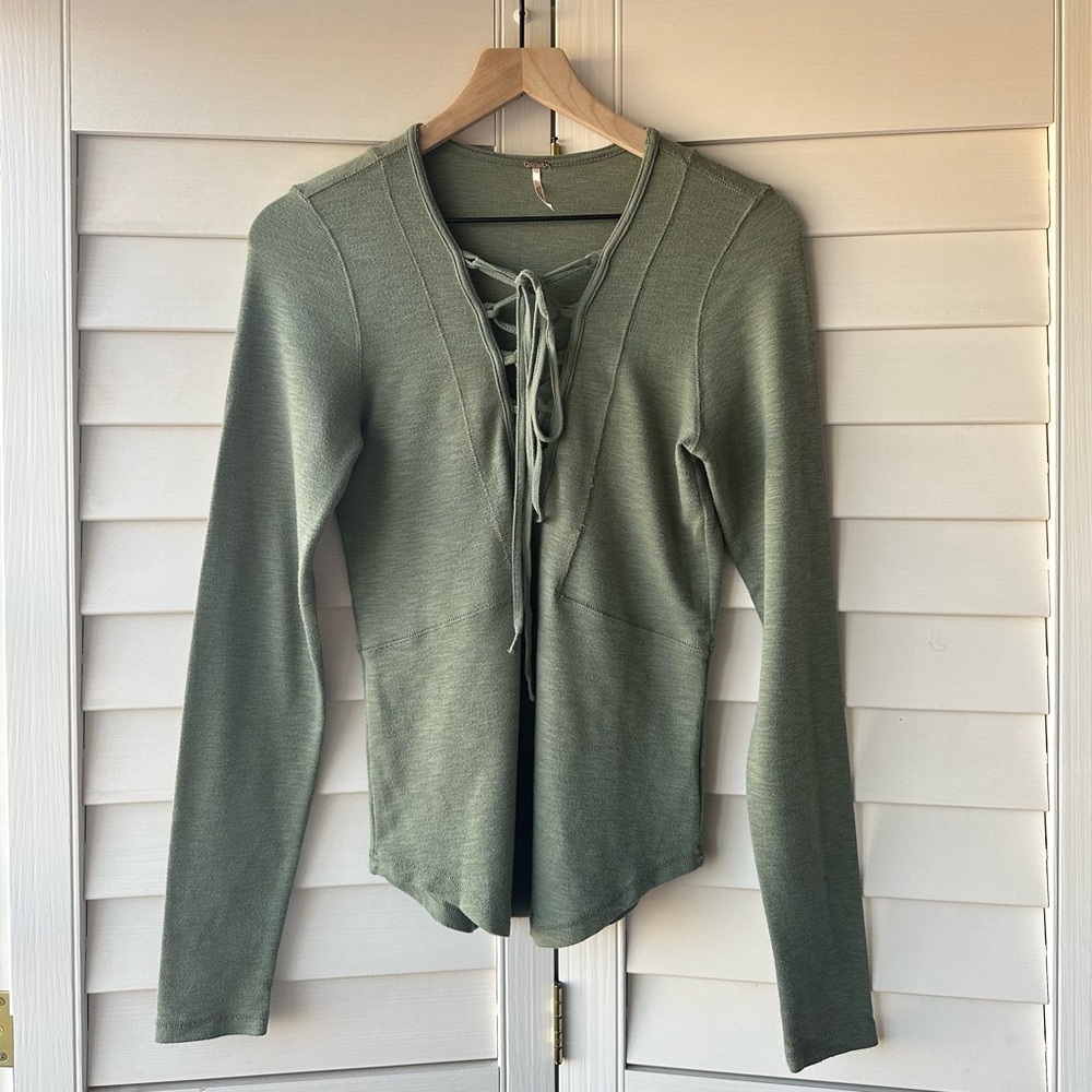 Free People Green Long Sleeve Jersey Top